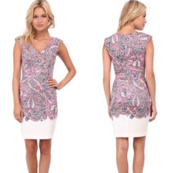 Cream & Pink Paisley Sheath Dress Women’s Size 6 Sleeveless French Connection - Picture 2 of 16